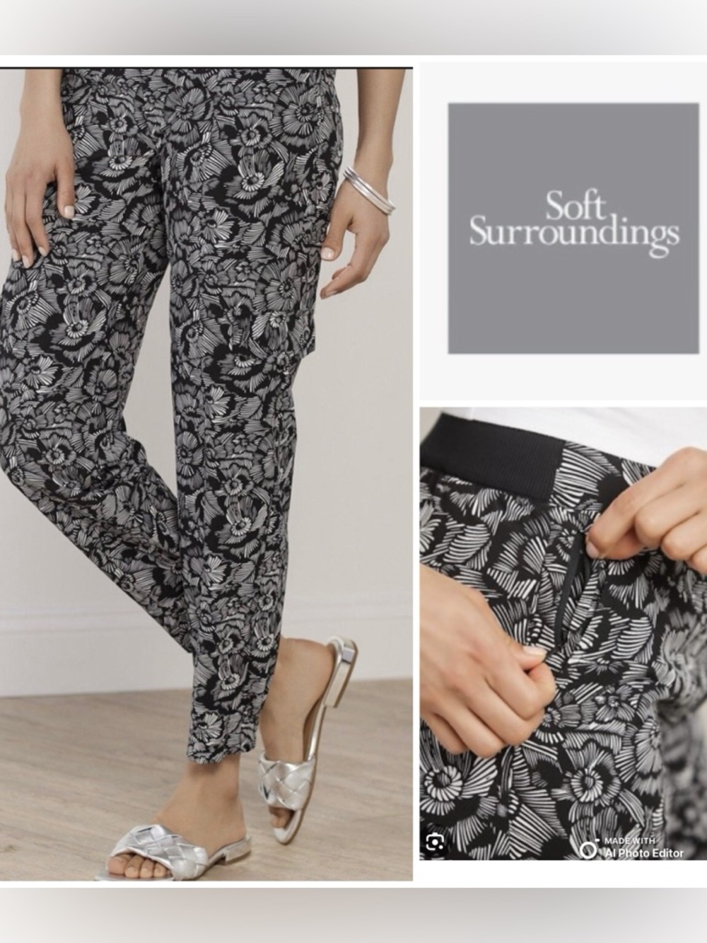 Soft Surroundings Go Lively Black & White Floral Track Joggers - Picture 1 of 11